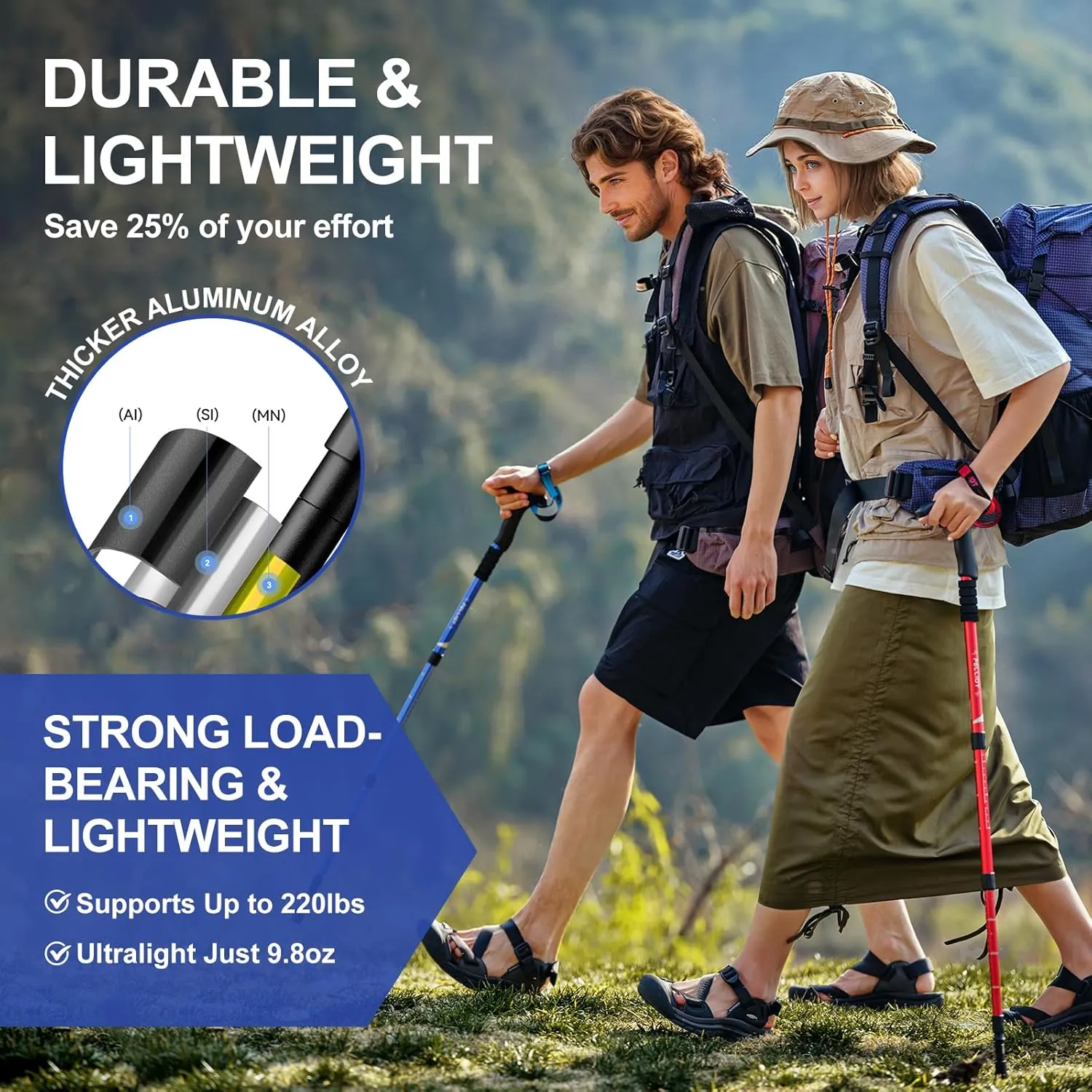 Portable Trekking Pole Aluminum Alloy 4-Section Telescopic Hiking Pole with Secure Lock System & Extended Foam Grips Durable Ultralight Walking Stick for Hiking