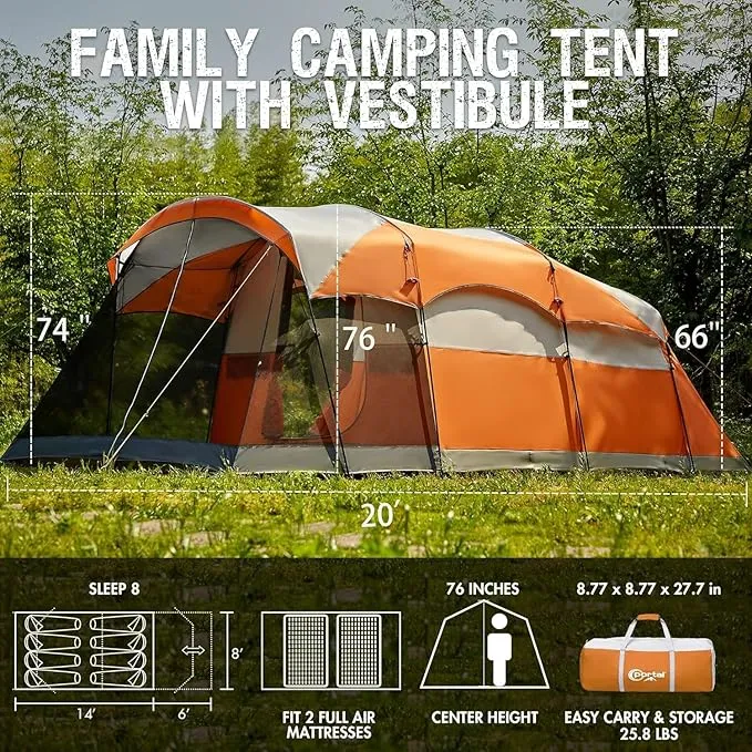 PORTAL 6/8 Person Family Camping Tent with Screen Room, Water Resistant Big Tunnel Tent with Rainfly, Large Family Tent for Outdoor Camping, Party