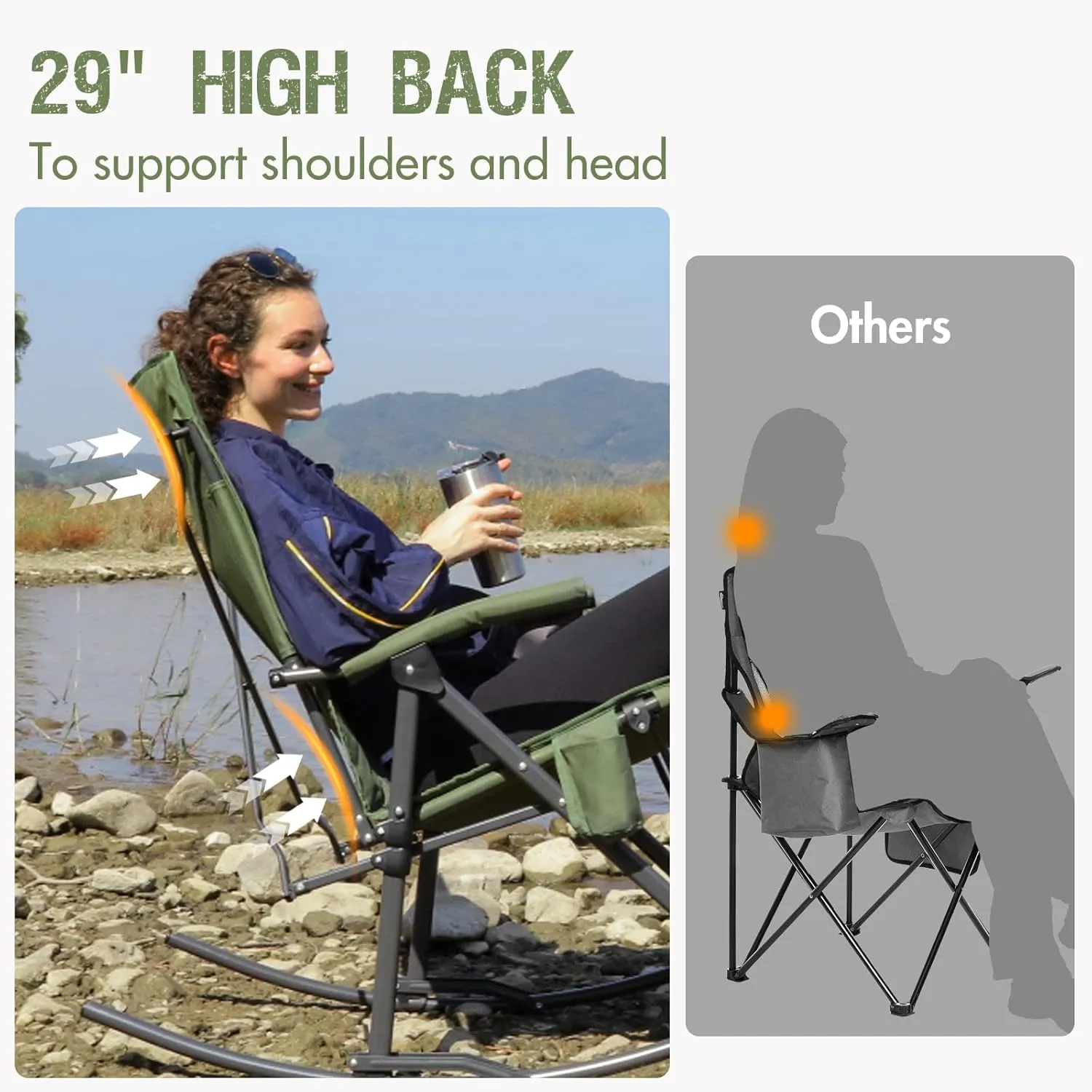 PORTAL Oversized Folding Rocking Camping Chair Portable Outdoor Rocker with High Back Hard Armrests Carry Bag, Supports 400 lbs, Mesh Back