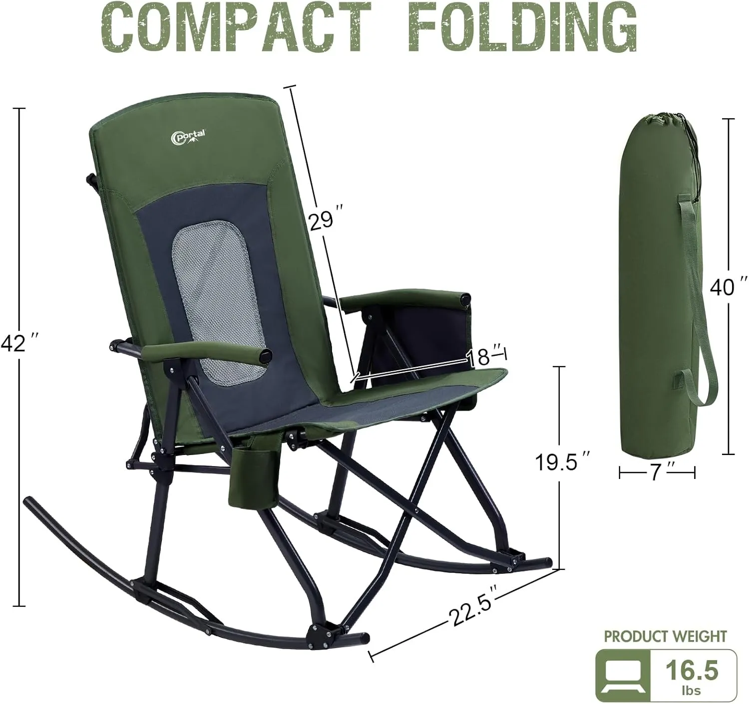PORTAL Oversized Folding Rocking Camping Chair Portable Outdoor Rocker with High Back Hard Armrests Carry Bag, Supports 400 lbs, Mesh Back