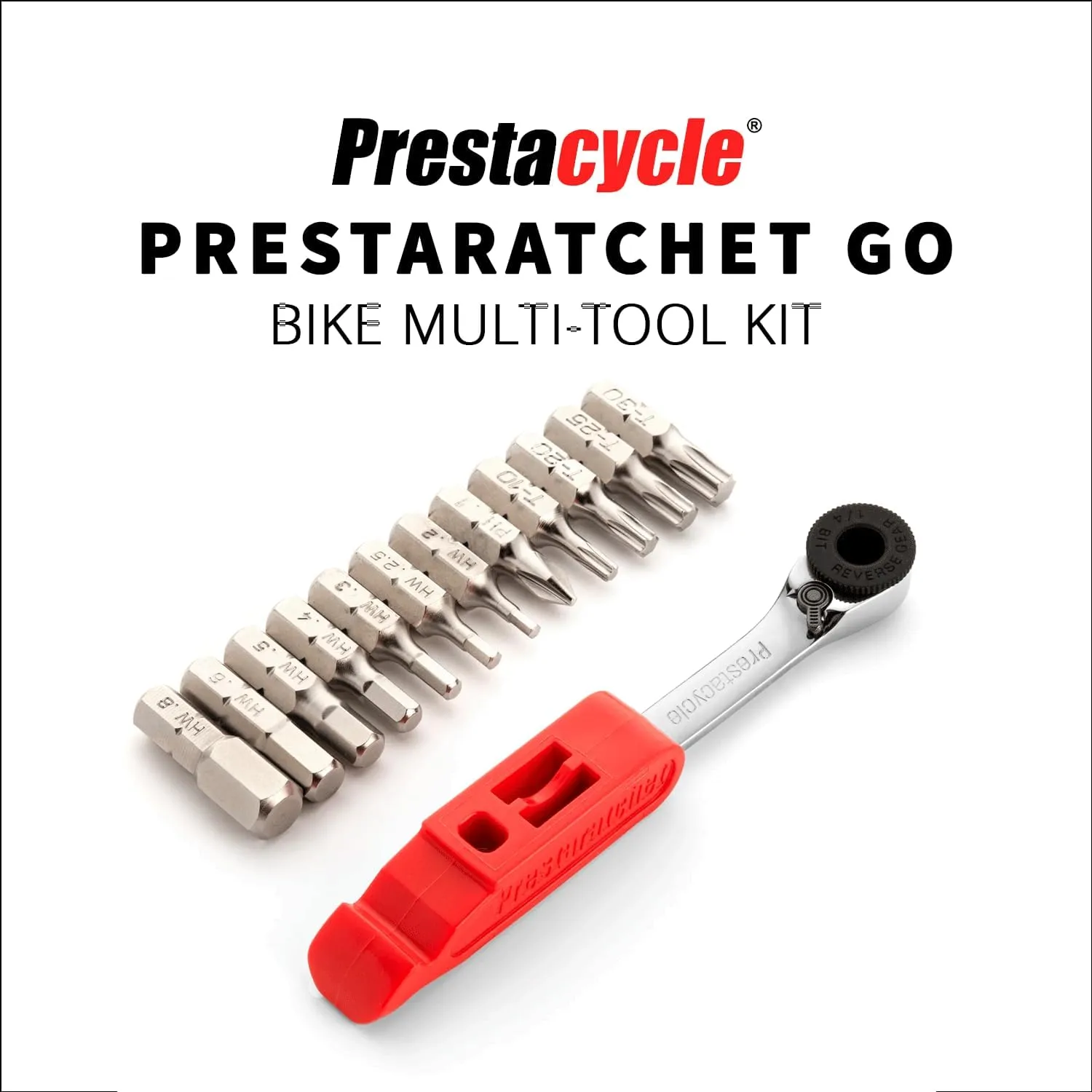 Prestacycle Prestaratchet GO Bike Tool Kit – Multi-Tool Bit Ratchet Set, Tire Lever, Quick-Link Chain Breaker, Presta Core Tool & (9) S2 Bits, Premium Mini Ratchet and Bit Set