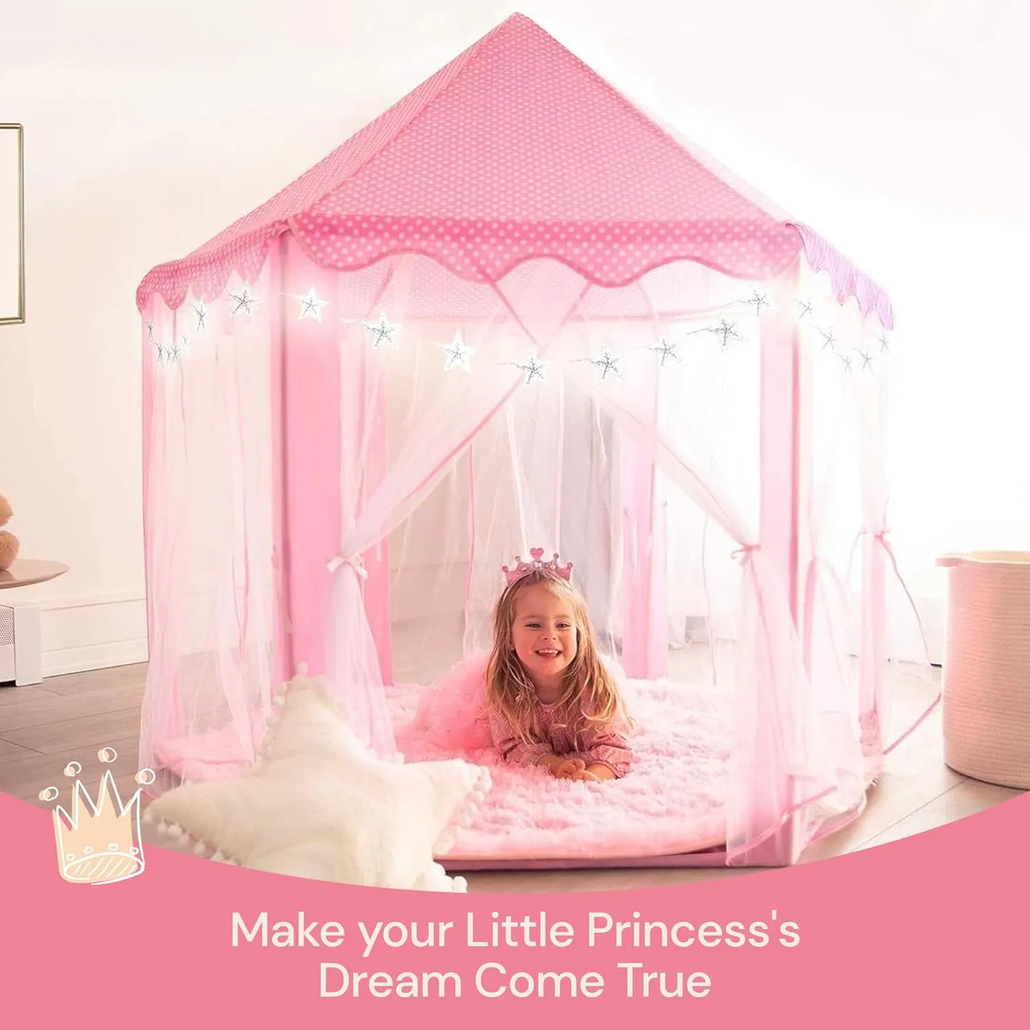 Princess Tent for Kids - 55" X 53" with Led Star Lights | Princess Toys | Toddler Play Tent Without Rug | Playhouse, Castle