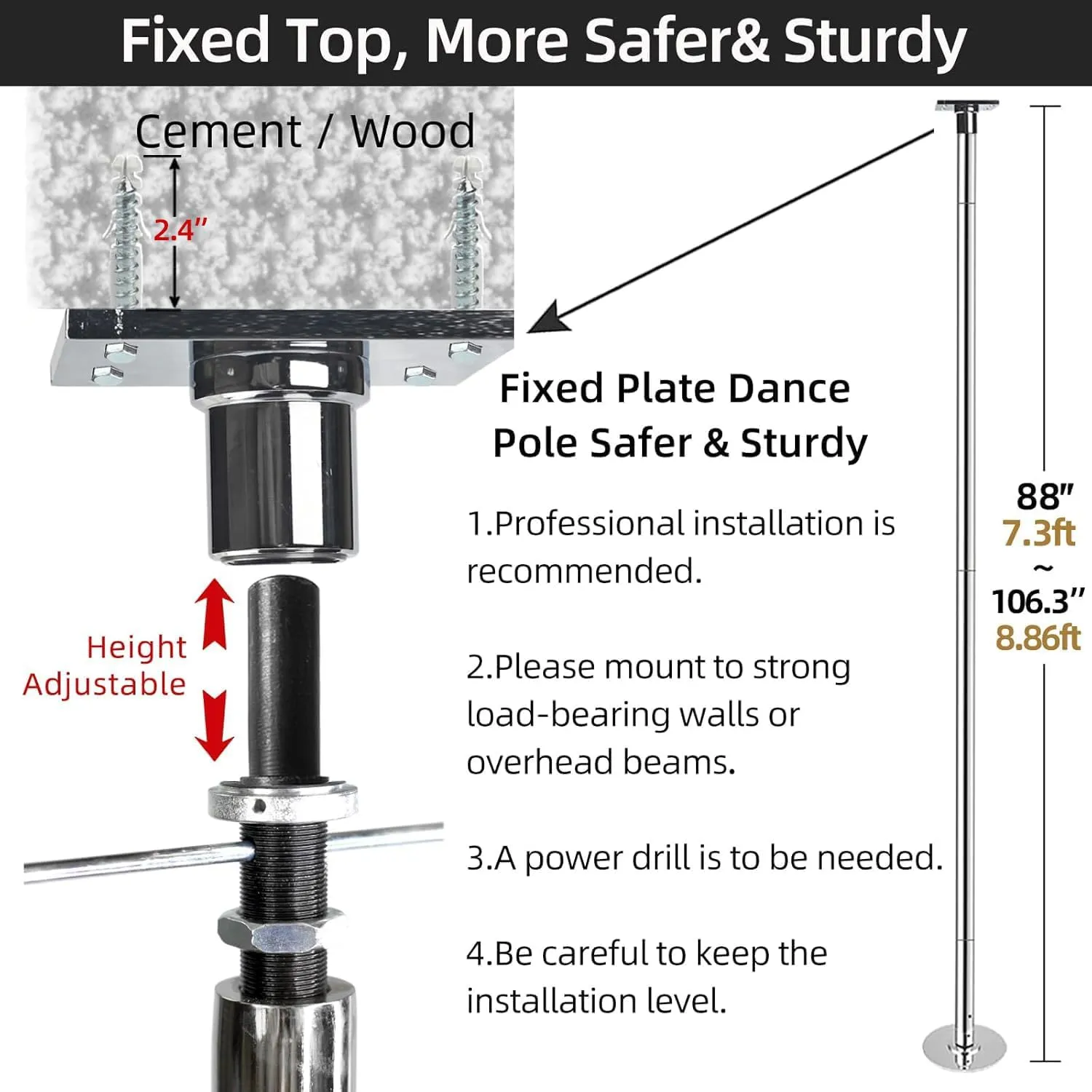 PRIOR FITNESS Permanent Fixed Dance Pole Kit, Professional 45mm Spinning & Static Dancing Pole Heavy-Duty Steel Pole Dance for Home, Adjustable Height Excellent for Home Exercise Studio Club Gym
