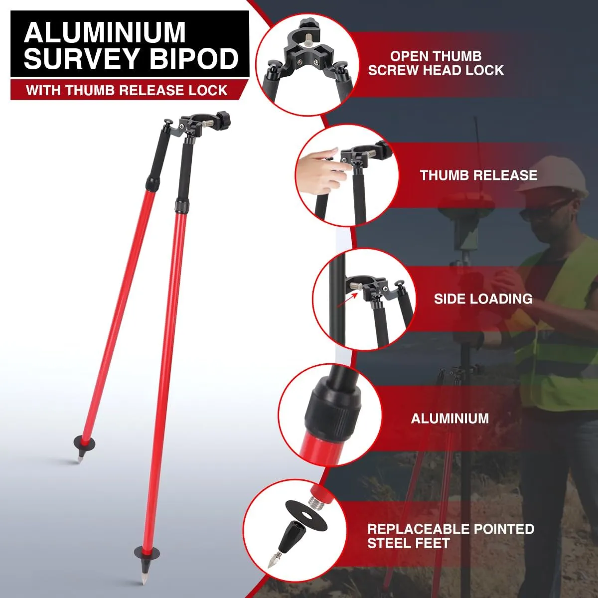 Professional Aluminum Surveying Bipod | Thumb-Release Adjustable Legs | Compatible with 1"-1.5" Poles & GNSS/Total Station Equipment(Red)