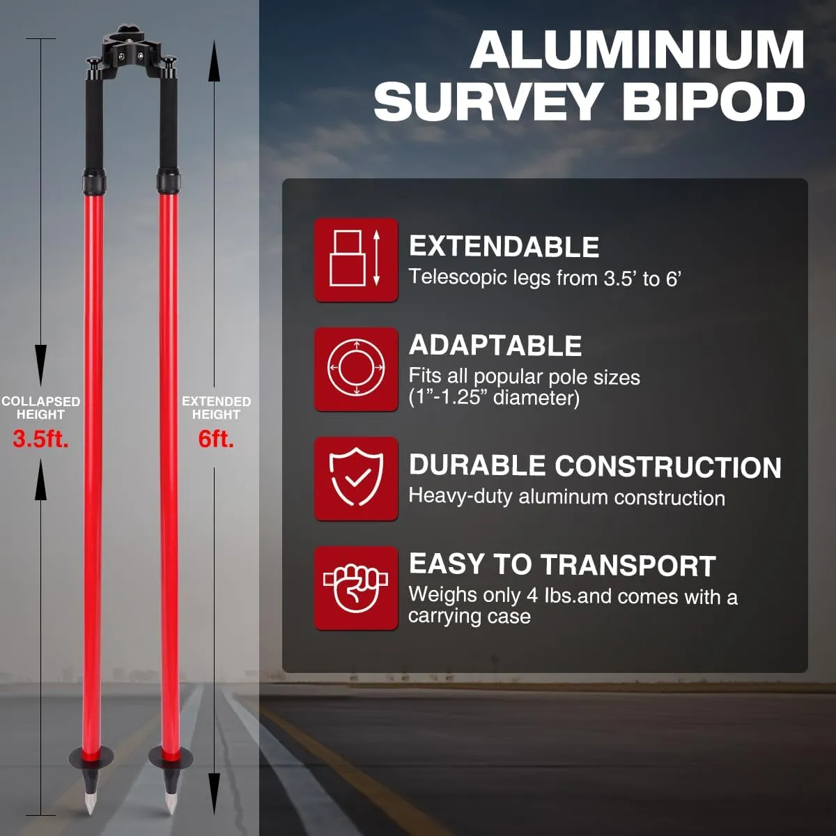 Professional Aluminum Surveying Bipod | Thumb-Release Adjustable Legs | Compatible with 1"-1.5" Poles & GNSS/Total Station Equipment(Red)