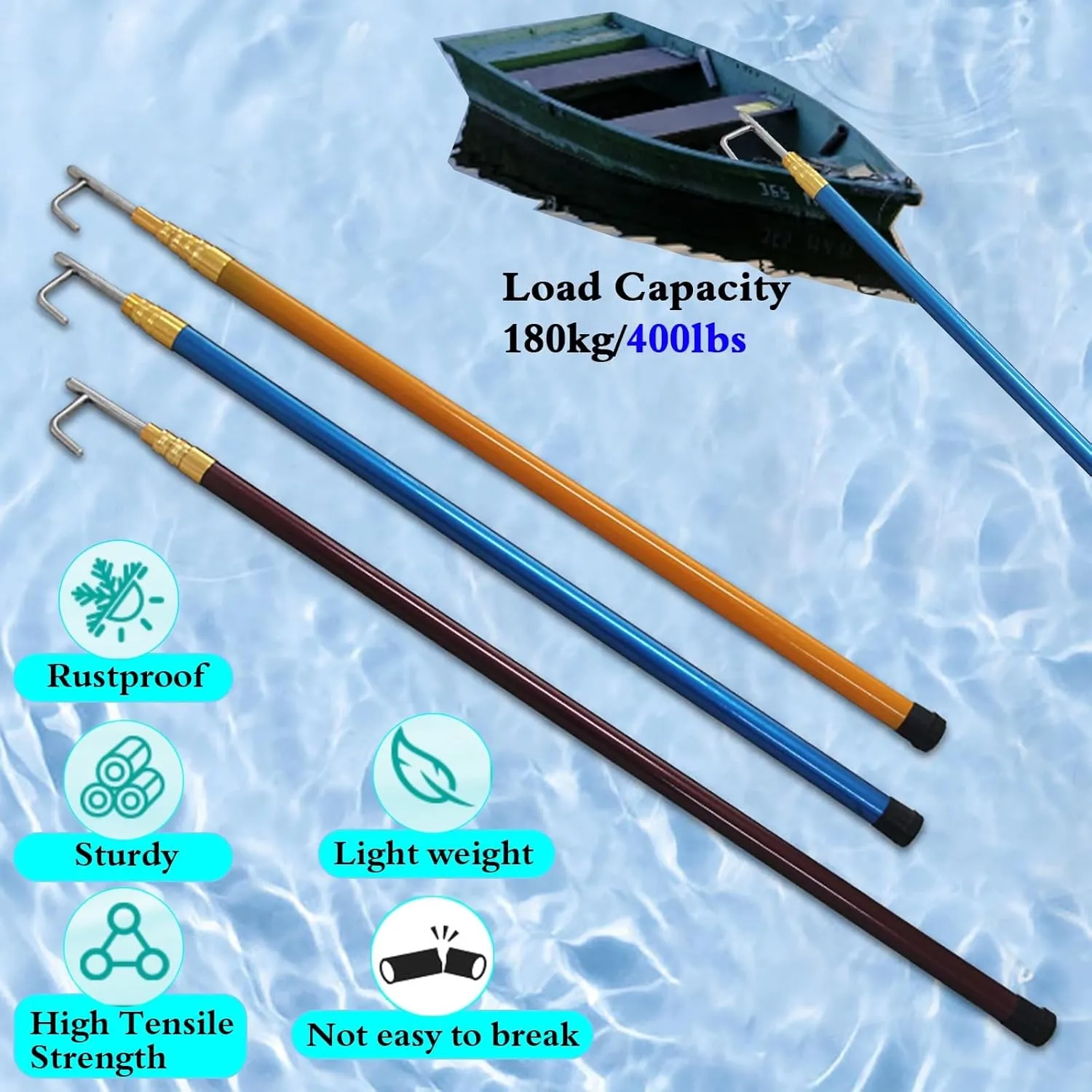 Professional Marine Extension Rescue Equipment with Hook | Pole, Sturdy & Lightweight, 6 5 4 Meter Long Reaching Tool for Cargo Retrieval/Boat Dock/Pushing Pulling(Blue,13.1FT/4M)