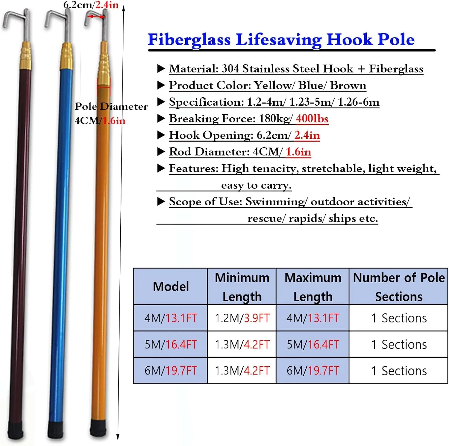 Professional Marine Extension Rescue Equipment with Hook | Pole, Sturdy & Lightweight, 6 5 4 Meter Long Reaching Tool for Cargo Retrieval/Boat Dock/Pushing Pulling(Blue,13.1FT/4M)