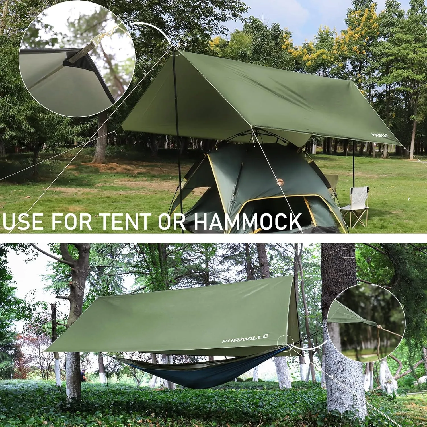 Puraville 10x10 ft Rectangle Lightweight Camping Tarps, Portable Waterproof Hammock Rain Fly Tent Tarp for Camping Backpacking, Green