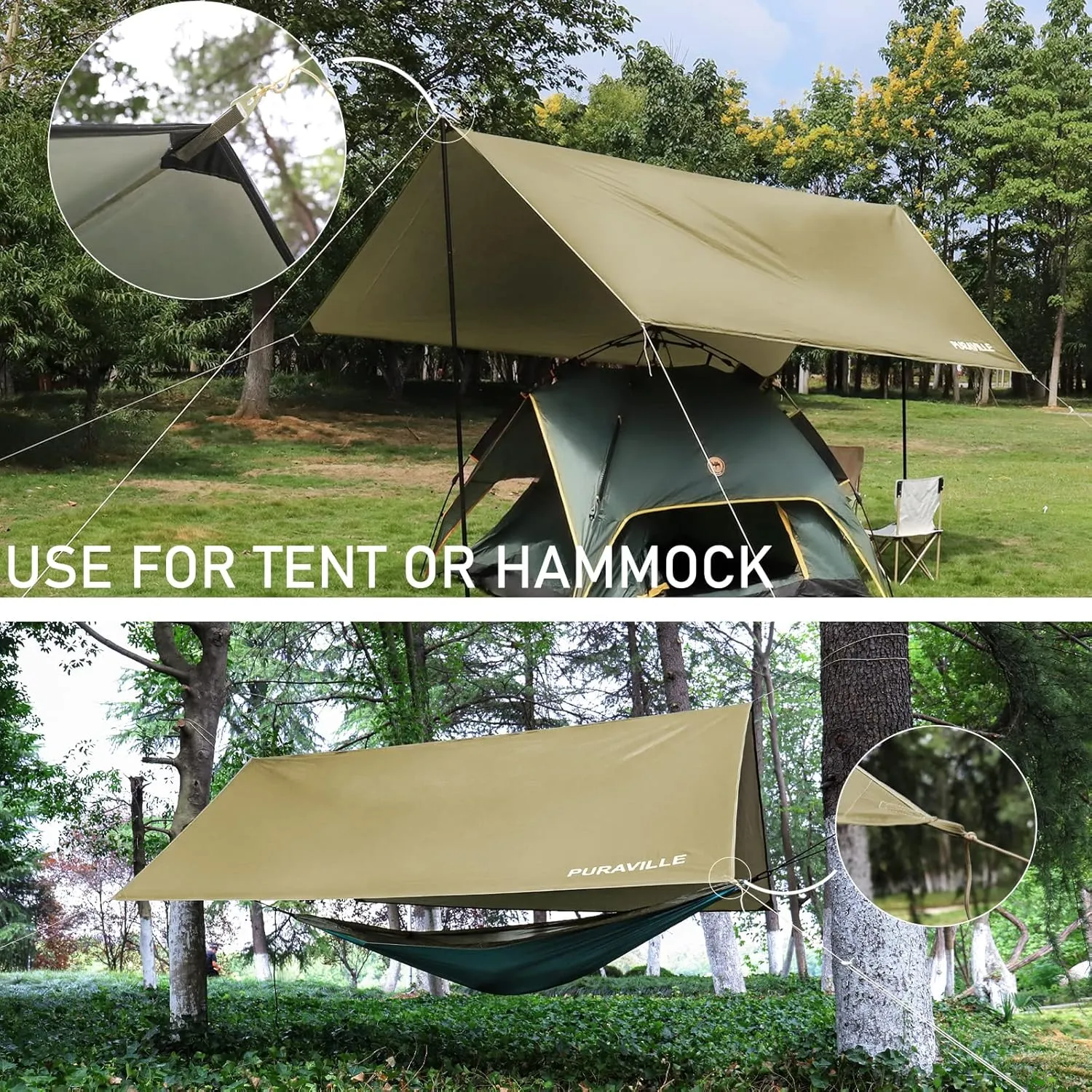 Puraville 12x10 ft Rectangle Lightweight Camping Tarps, Portable Waterproof Hammock Rain Fly Tent Tarp for Camping Backpacking, Khaki