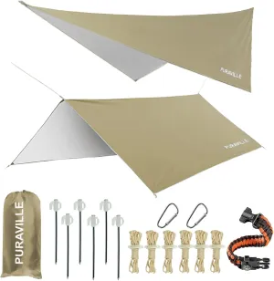 Puraville 12x10 ft Rectangle Lightweight Camping Tarps, Portable Waterproof Hammock Rain Fly Tent Tarp for Camping Backpacking, Khaki