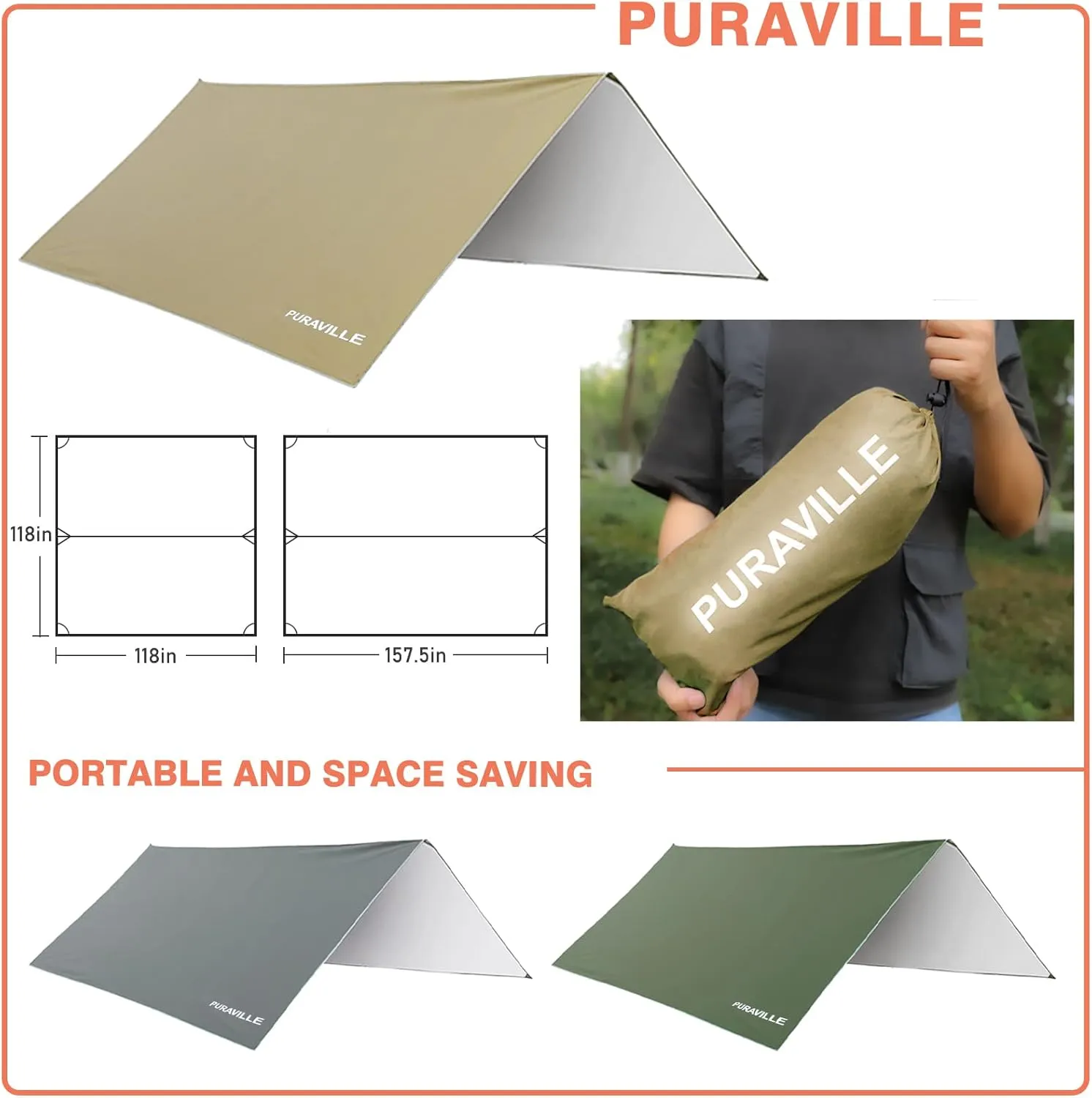Puraville 12x10 ft Rectangle Lightweight Camping Tarps, Portable Waterproof Hammock Rain Fly Tent Tarp for Camping Backpacking, Khaki