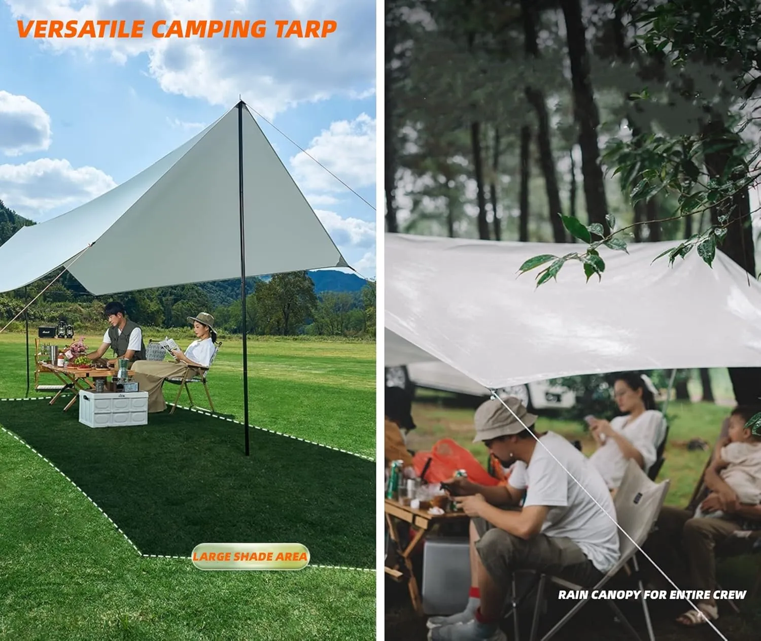 Puraville 12x10 ft Rectangle Lightweight Camping Tarps, Portable Waterproof Hammock Rain Fly Tent Tarp for Camping Backpacking, Khaki
