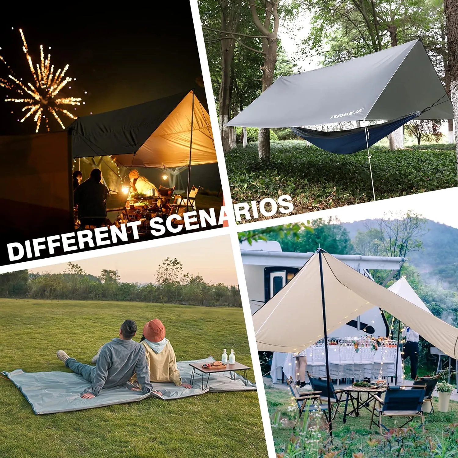 Puraville 12x10 ft Rectangle Lightweight Camping Tarps, Portable Waterproof Hammock Rain Fly Tent Tarp for Camping Backpacking, Khaki