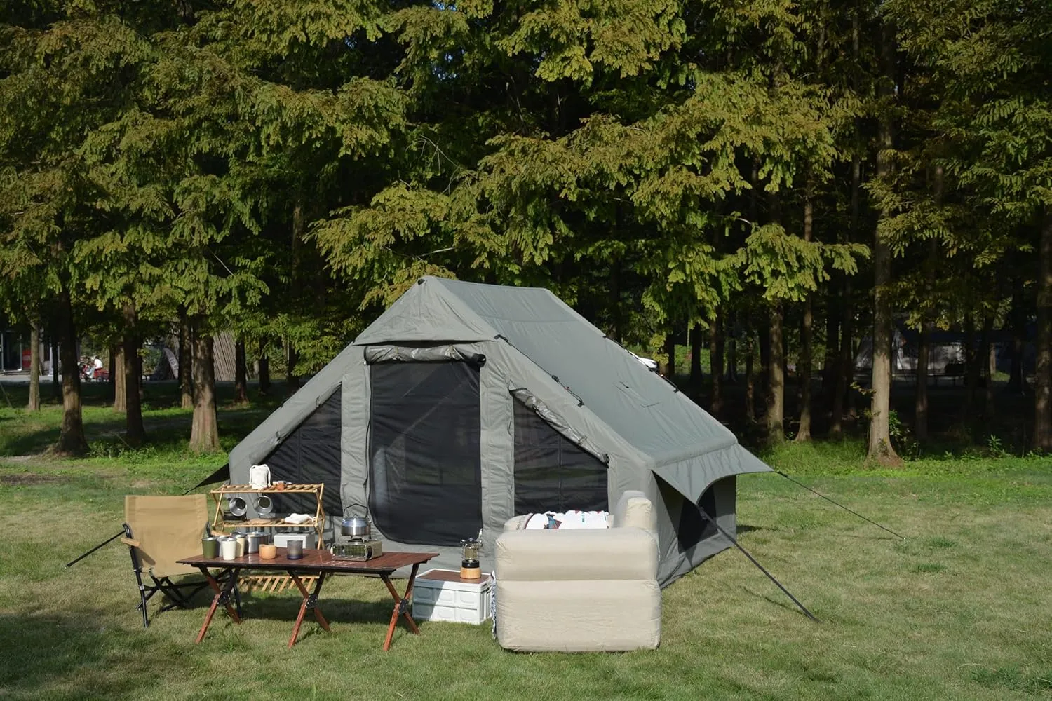 Quick Setup Inflatable Camping Tent, 4-6 Person Glamping Tent with Stove Jack, Waterproof and Windproof, Beige