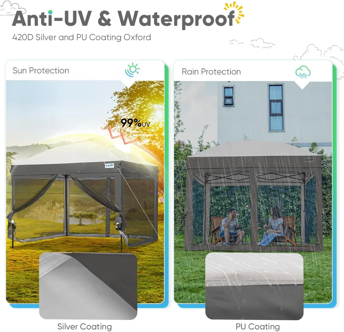 Quictent 10’x10’ Pop up Canopy Tent with Netting, One Person Instant Setup Screen House Room Tent Screened- 2 Magnetic Doors Waterproof (Gray)