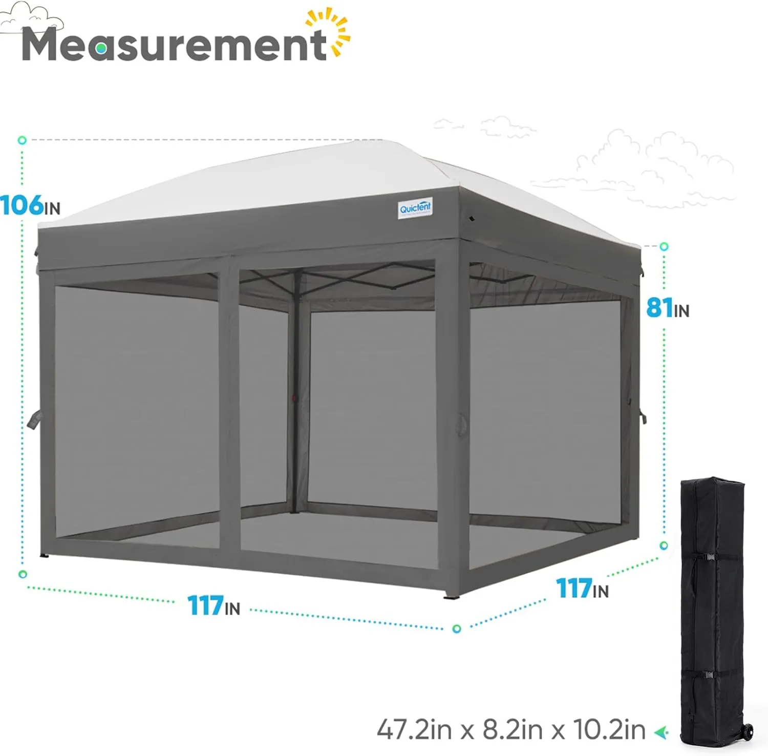 Quictent 10’x10’ Pop up Canopy Tent with Netting, One Person Instant Setup Screen House Room Tent Screened- 2 Magnetic Doors Waterproof (Gray)