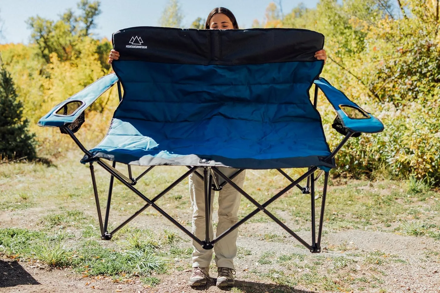 Quilted Standard Loveseat Camping Chair for 2 with Padded Seat and Back for Camping/Hiking/Backpacking Made by Caddis Sports (Standard Loveseat (Blue))
