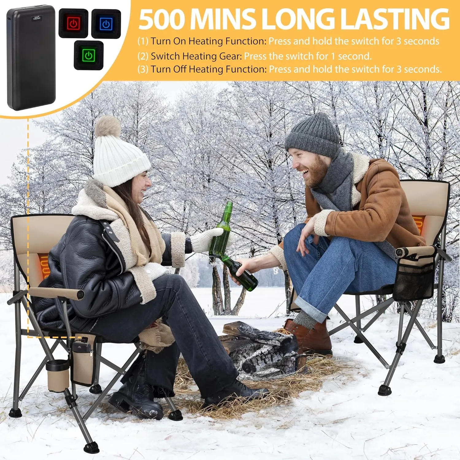 QUYUAN Heated Camping Chair with 20,000 mAh Battery, Fully Padded Heated Camp Chairs, Loog-Lasting for 500 Mins, Heavy Duty Folding Chairs Supports 500 lbs for Camping, Outdoor Sports, Picnics, Beach