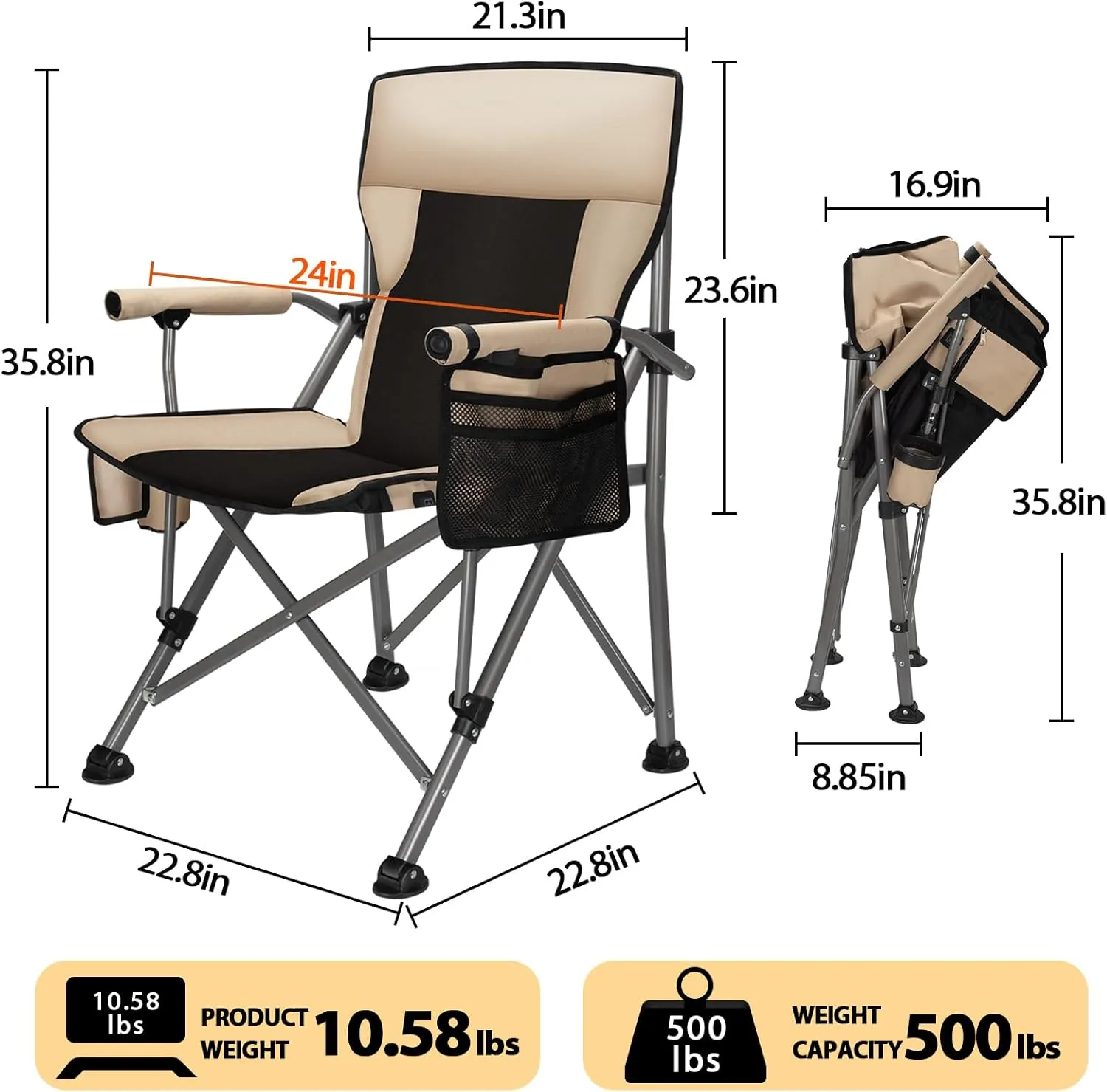 QUYUAN Heated Camping Chair with 20,000 mAh Battery, Fully Padded Heated Camp Chairs, Loog-Lasting for 500 Mins, Heavy Duty Folding Chairs Supports 500 lbs for Camping, Outdoor Sports, Picnics, Beach