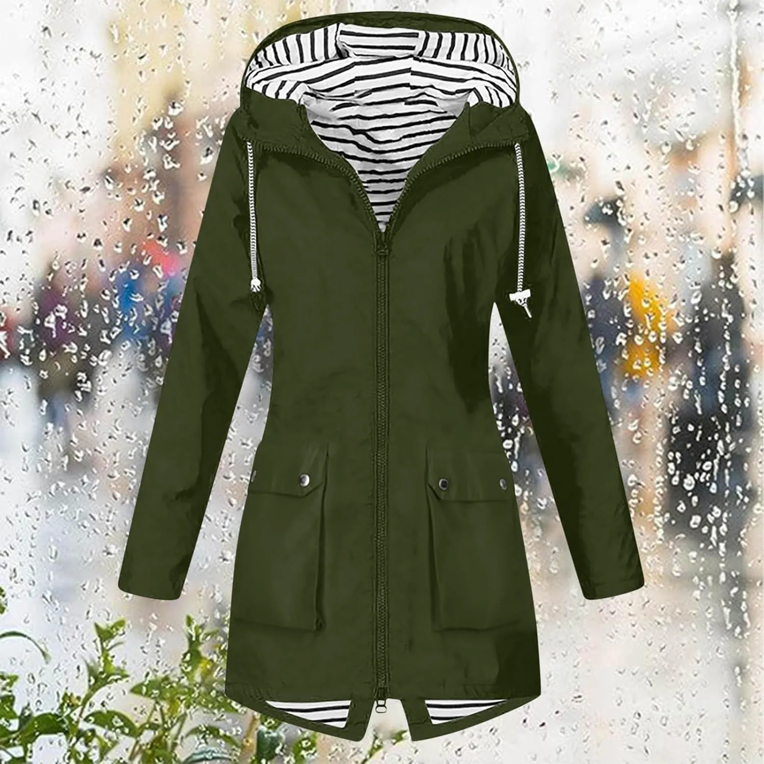 Rain Jacket Women Lightweight Raincoat Waterproof Windbreaker Striped Climbing Outdoor Hooded Trench Coats 2024