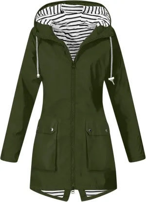 Rain Jacket Women Lightweight Raincoat Waterproof Windbreaker Striped Climbing Outdoor Hooded Trench Coats 2024