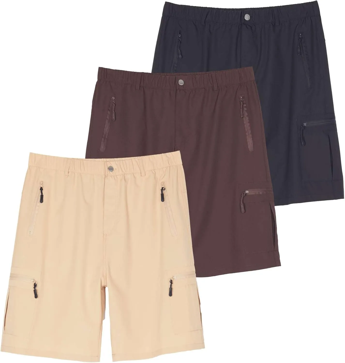 Real Essentials 2 & 3 Pack: Men's Hiking Cargo Shorts Fishing Outdoor Tactical Travel Camping Casual Golf 5 Zipper Pockets