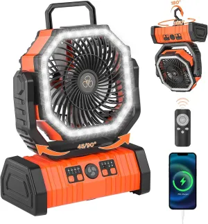 Rechargeable Camping Fan with LED Lantern, 20000mAh Auto-Oscillating Battery Operated with Remote/Hook/Timer, 8” Portable Fan for Picnic, Fishing,Tent, RV, Power Outages, Hurricane(Orange)