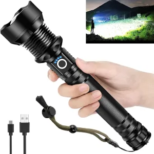Rechargeable LED Flashlight, High Lumens XHP90.2 Super Bright Tactical Flashlights with Zoomable 10 Modes Waterproof Flash Light for Camping Emergencies Outdoor Indoor