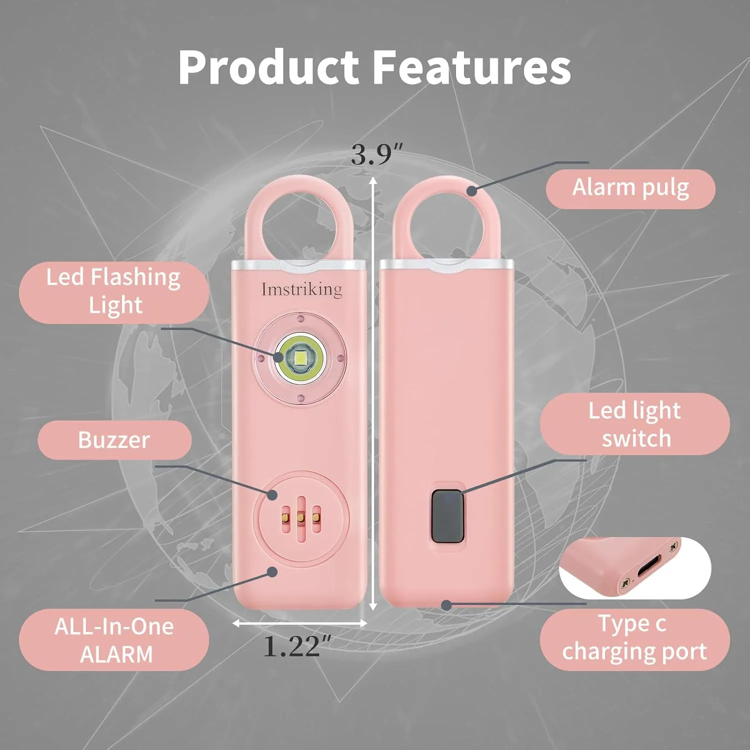 Rechargeable Personal Safety Alarm Keychain for Women,Self Defense Keychain Alarm with Strobe Light and 130dB Siren Help Women,Men,Elderly, Emergency Security Whistle Alert (Pink)
