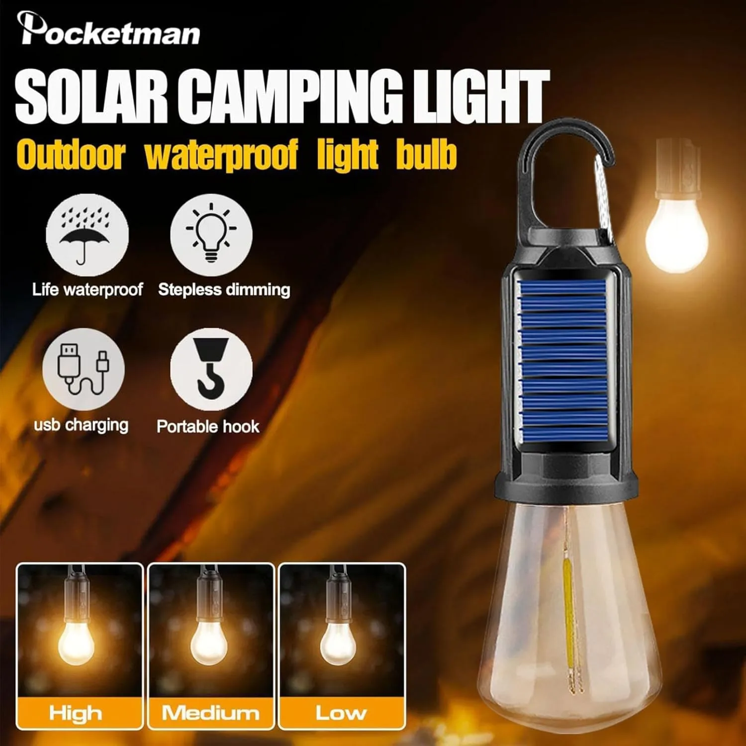 Rechargeable Solar Camping Lights, Portable Camping Lantern - 3 Mode LED Tent Light with Clip Hook, Waterproof Outdoor Hanging Bulb for Camping, Hiking, Emergencies & Holiday Decor (8pcs)