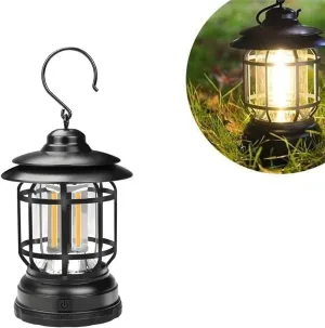 Rechargeable Vintage Camping Lantern - Dimmable Warm Light for Camping, Hiking & Emergencies Long-Lasting, Black