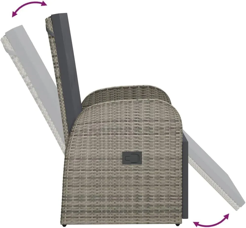 Reclining Patio Chair with Cushion Poly Rattan Gray Outdoor Lounge Chair Adjustable Footrest Armchair with Cushions for Garden, Patio, Balcony, Outdoor Furniture
