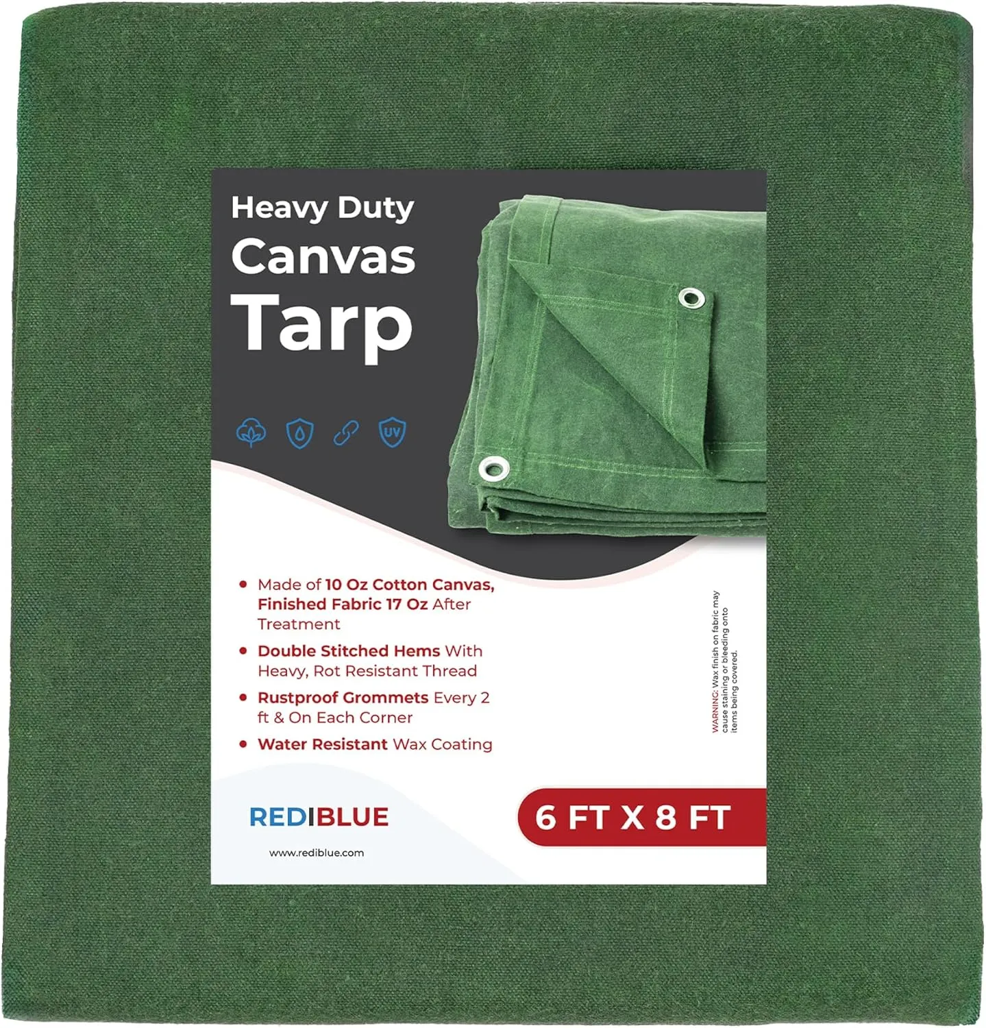 REDIBLUE 6 x 8 ft Heavy Duty Canvas Tarp, Multi Purpose Use for Camping, Tent Canopy, Outdoor, Rustproof Grommets, Durable, Water Resistant, Cotton 17oz - Olive Drab