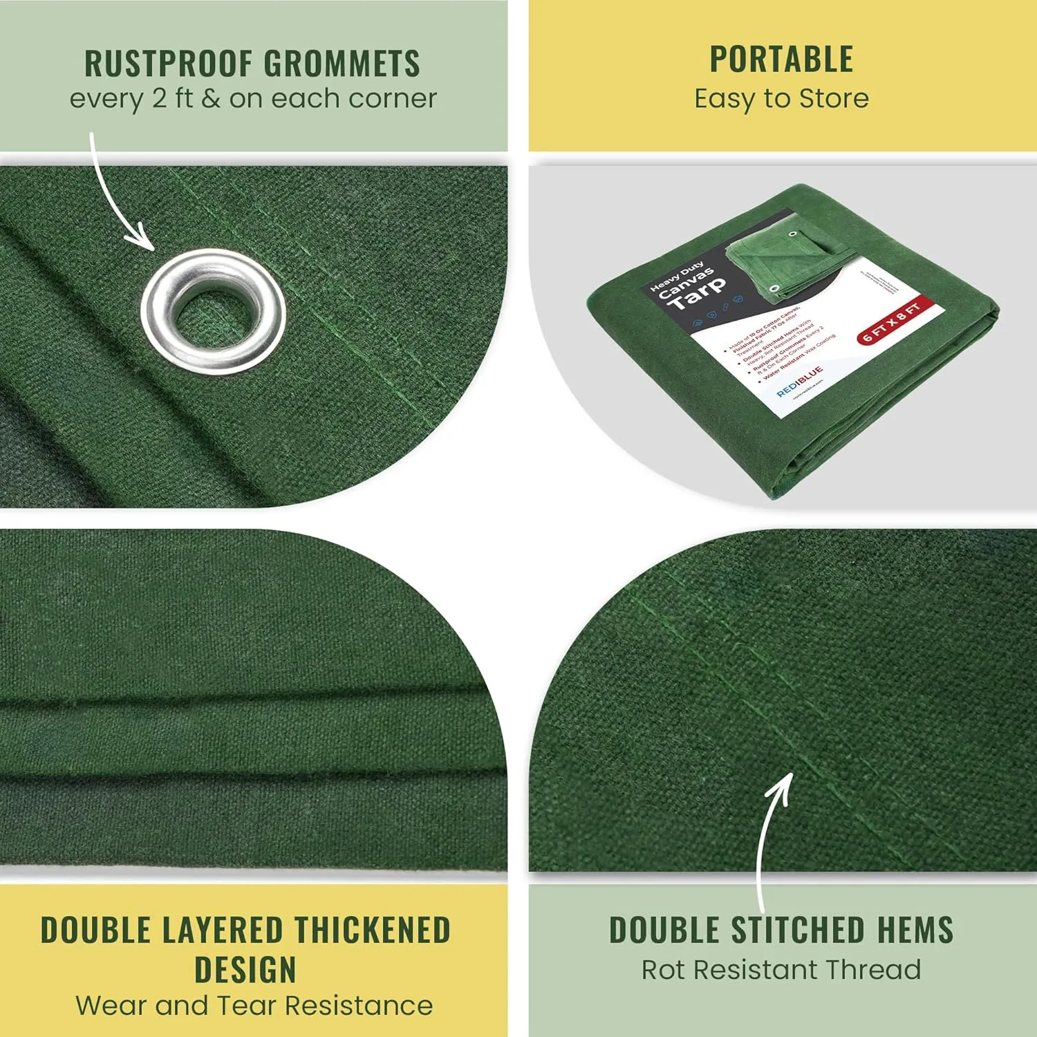 REDIBLUE 6 x 8 ft Heavy Duty Canvas Tarp, Multi Purpose Use for Camping, Tent Canopy, Outdoor, Rustproof Grommets, Durable, Water Resistant, Cotton 17oz - Olive Drab