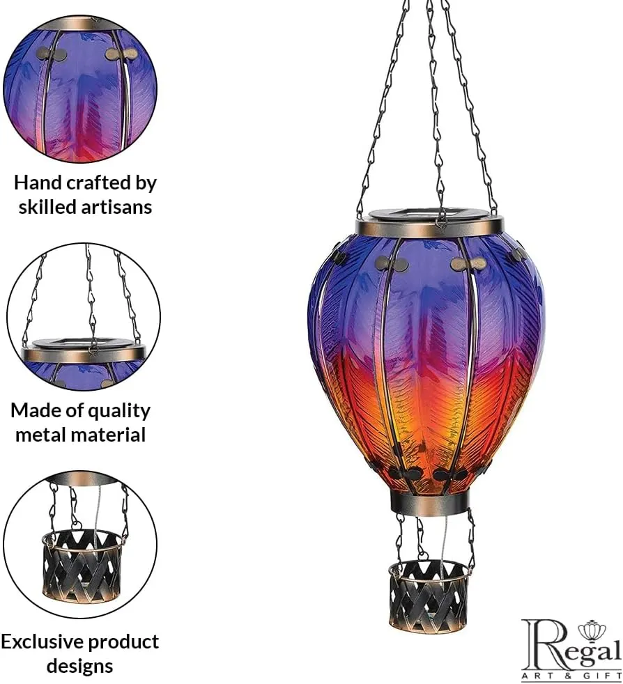 Regal Art & Gift Hot Air Balloon Solar Lantern – Hanging Solar-Powered LED Lights, Waterproof Portable Decorative Outdoor Lamp Made of Metal & Glass for Garden, Patios & Pathway – Purple (Large)