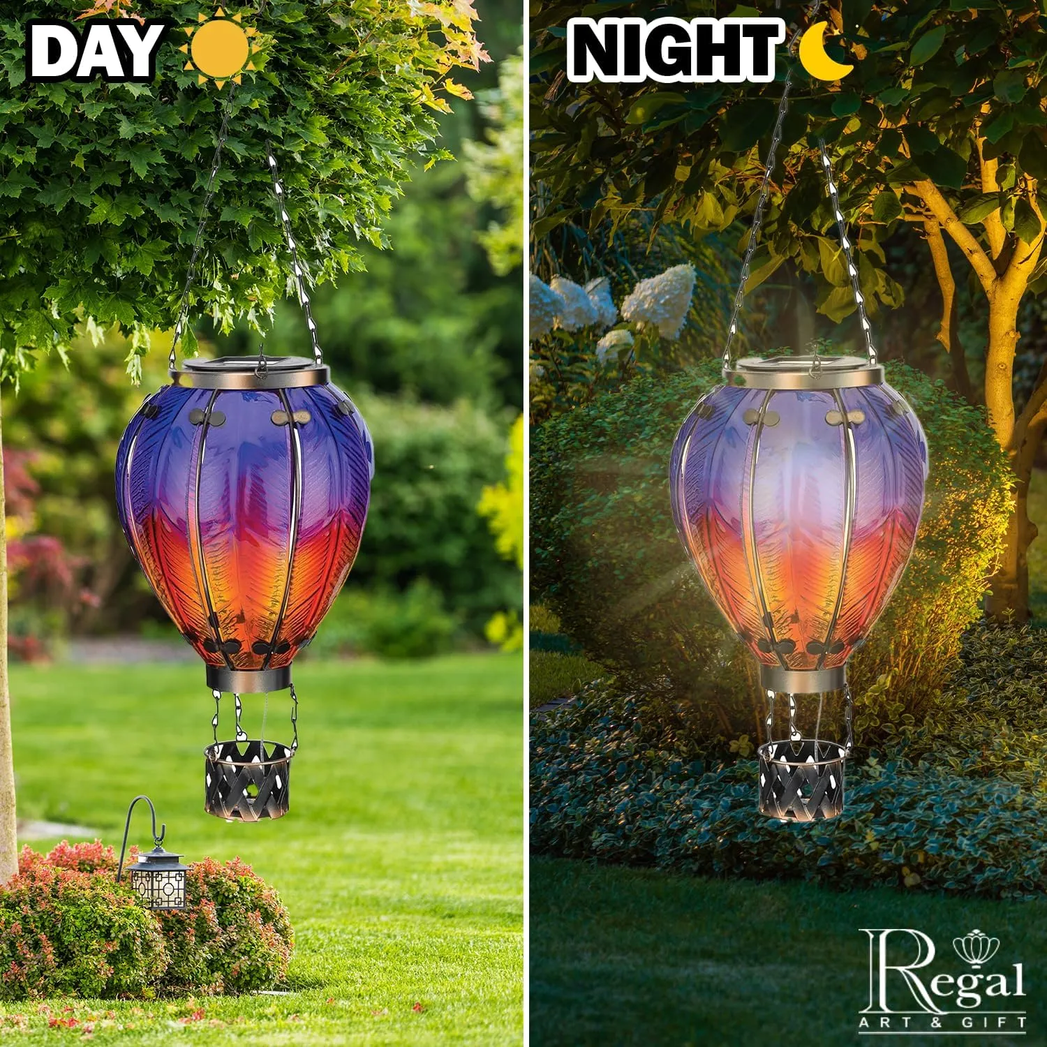Regal Art & Gift Hot Air Balloon Solar Lantern – Hanging Solar-Powered LED Lights, Waterproof Portable Decorative Outdoor Lamp Made of Metal & Glass for Garden, Patios & Pathway – Purple (Large)