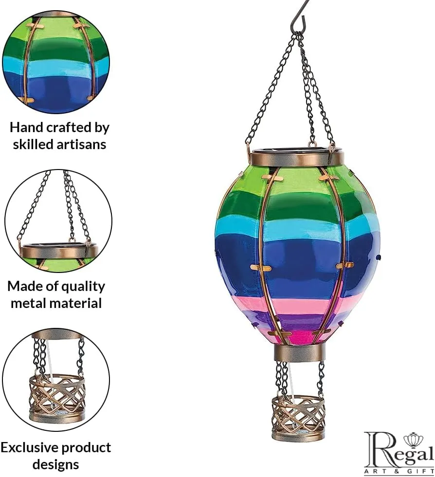 Regal Art & Gift Hot Air Balloon Solar Lantern – Hanging Solar-Powered LED Lights, Waterproof Portable Decorative Outdoor Lamp Made of Metal & Glass for Garden, Patios & Pathway – Stripe (Small)
