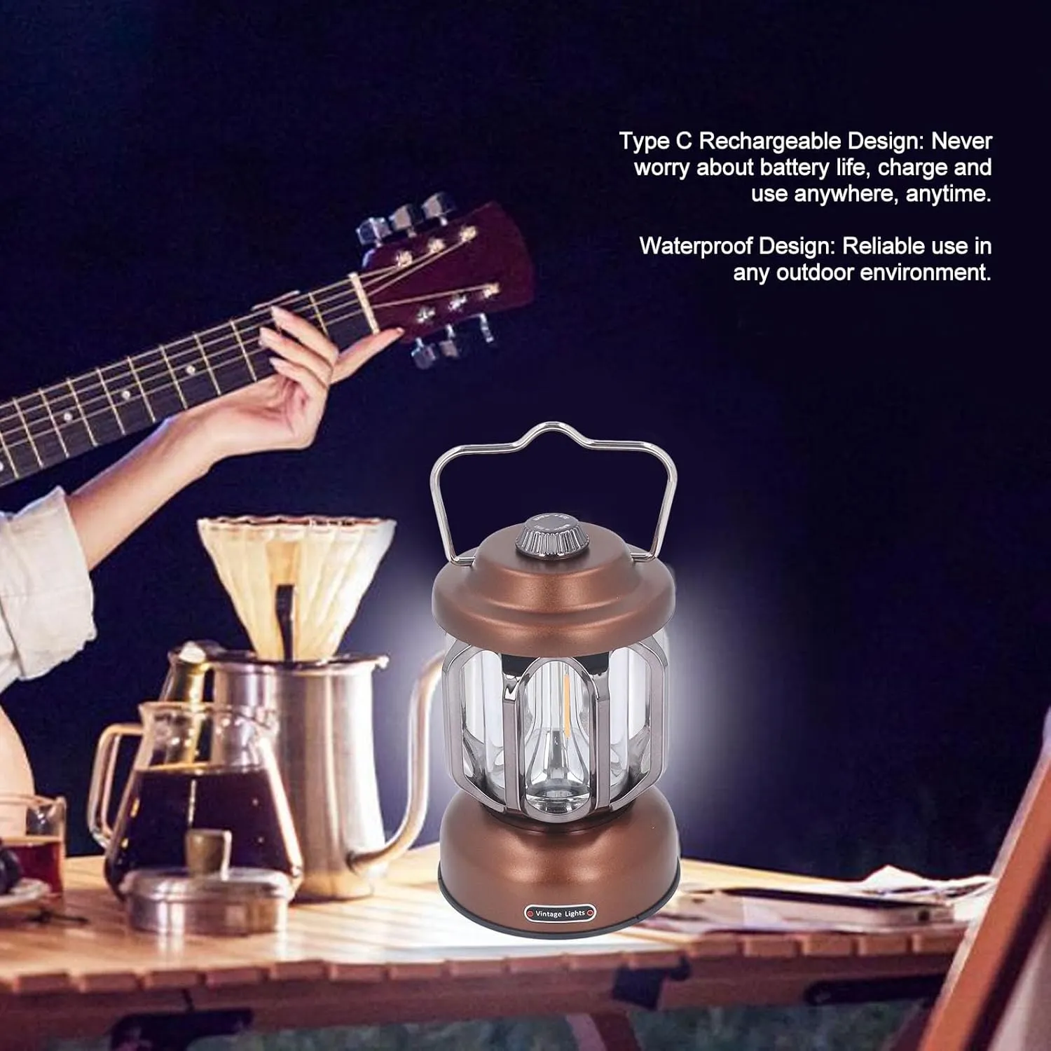 Retro Camping Lantern Vintage Camping Lamp, Rechargeable Retro Camping Light Hanging LED Vintage Tent Lamp for Outdoor Hiking Fishing Emergency (Brown)