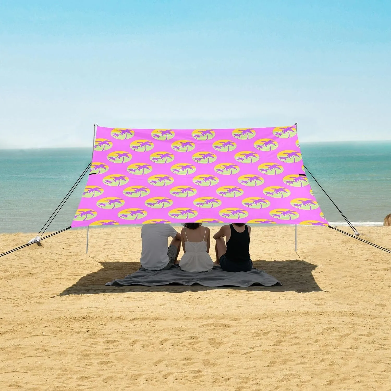 Retro Palm Trees Beach Canopy Tent Anti-UV & Wind Resistant, Sunset Camping Sun Shelter Easy Setup Portable,Outdoor Shade Tents with Sandbags,Sand Shovels,Ground Pegs & Stability Poles