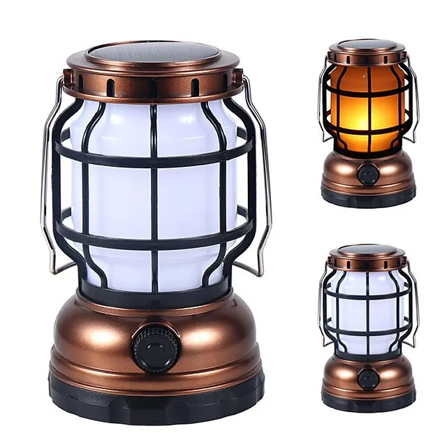 Retro Solar Camping Lights Portable Lantern Dimming Rechargeable LED Hanging Lights Power Bank Travel Tents Camp Supplies