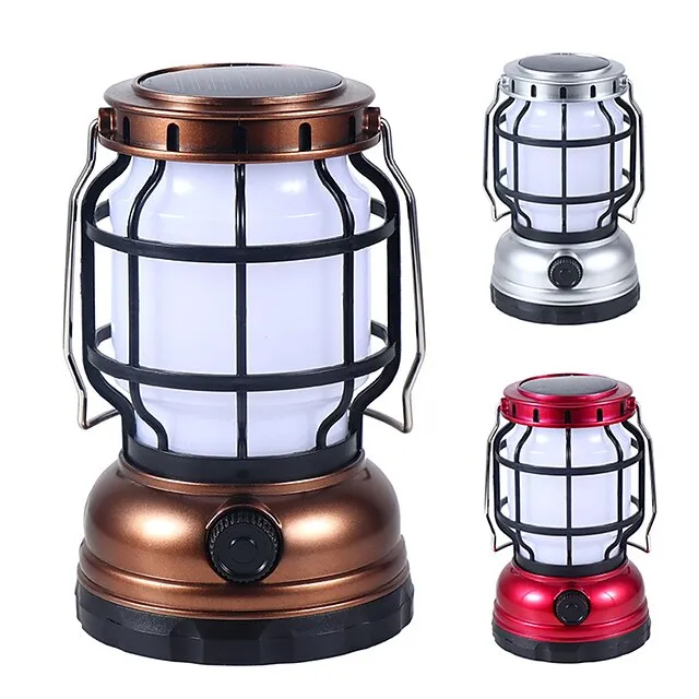Retro Solar Camping Lights Portable Lantern Dimming Rechargeable LED Hanging Lights Power Bank Travel Tents Camp Supplies