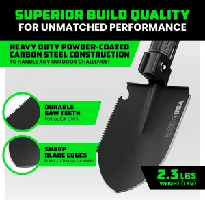 Rhino USA Survival Shovel w/Pick - Heavy Duty Carbon Steel Military Style Entrenching Tool for Off Road, Camping, Gardening, Beach, Digging Dirt, Sand, Mud & Snow. (Survival Shovel)