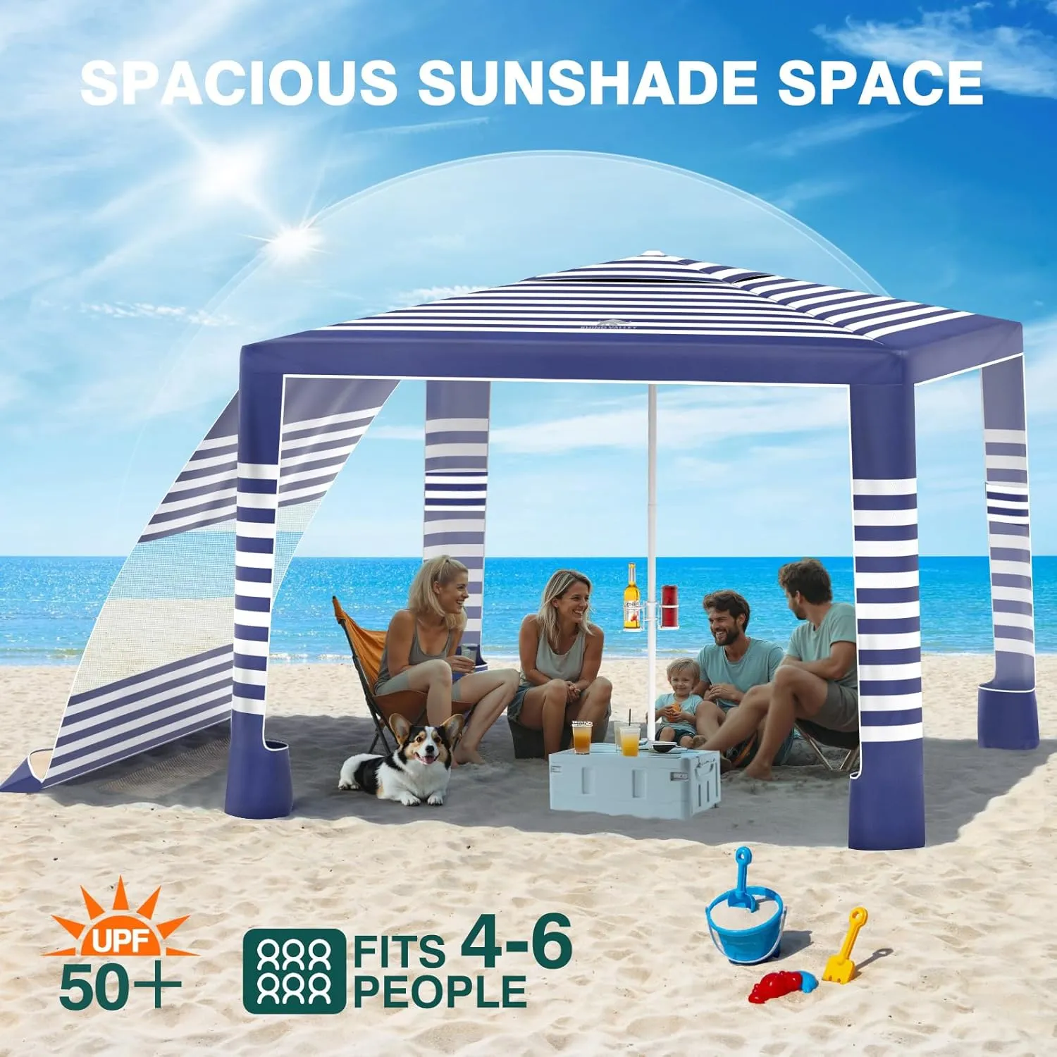 Rhino Valley Beach Cabana, 8 × 8FT Foldable Beach Tent with Cup Holder, Beach Canopy Easy Setup with UPF50  Protection, Windproof Stable Beach Tent, Portable Beach Cabana Tent for Beach Camping