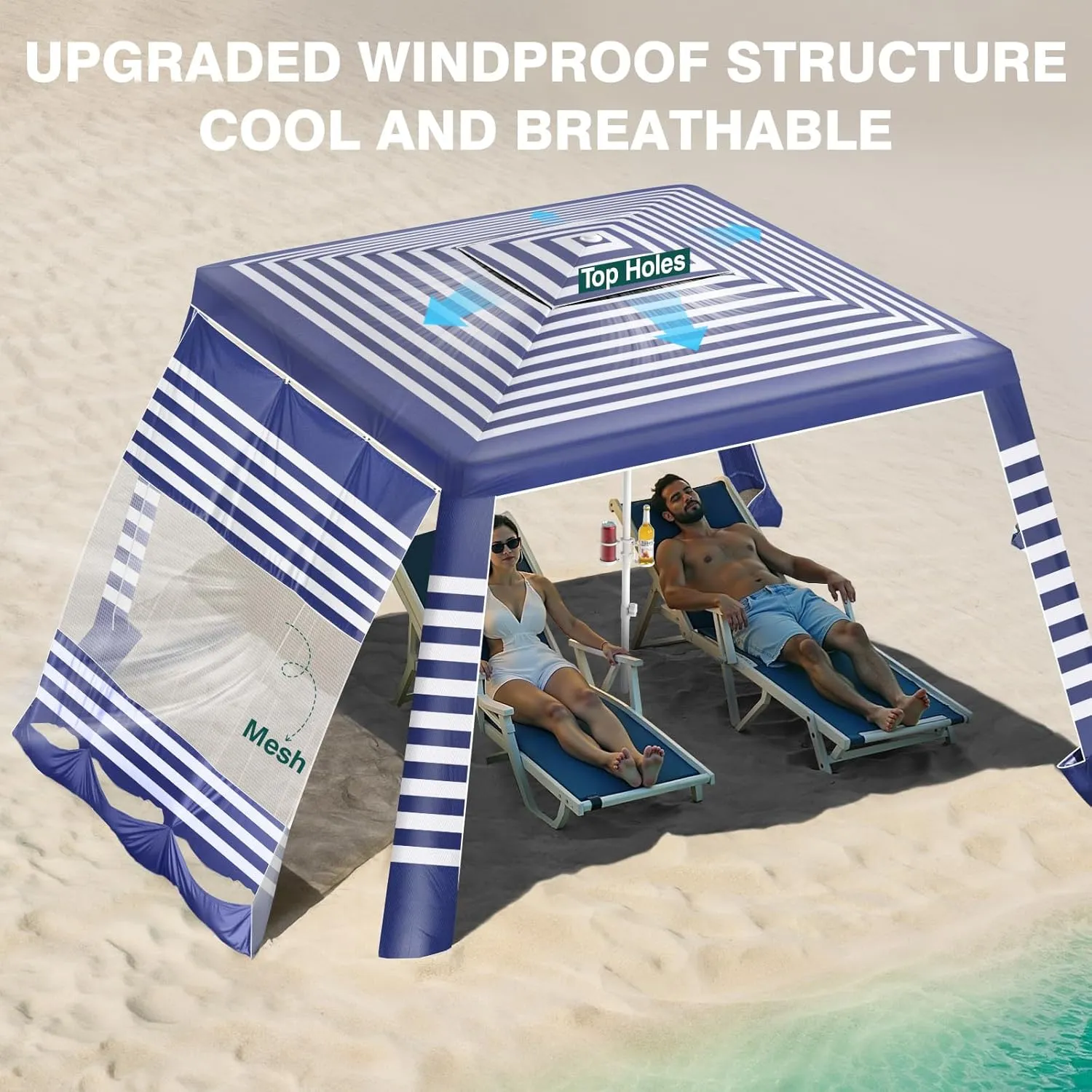 Rhino Valley Beach Cabana, 8 × 8FT Foldable Beach Tent with Cup Holder, Beach Canopy Easy Setup with UPF50  Protection, Windproof Stable Beach Tent, Portable Beach Cabana Tent for Beach Camping