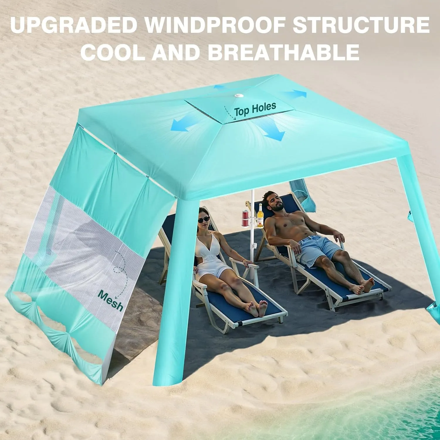 Rhino Valley Beach Cabana, 8 × 8FT Foldable Beach Tent with Cup Holder, Beach Canopy Easy Setup with UPF50  Protection, Windproof Stable Beach Tent, Portable Beach Cabana Tent for Beach Camping