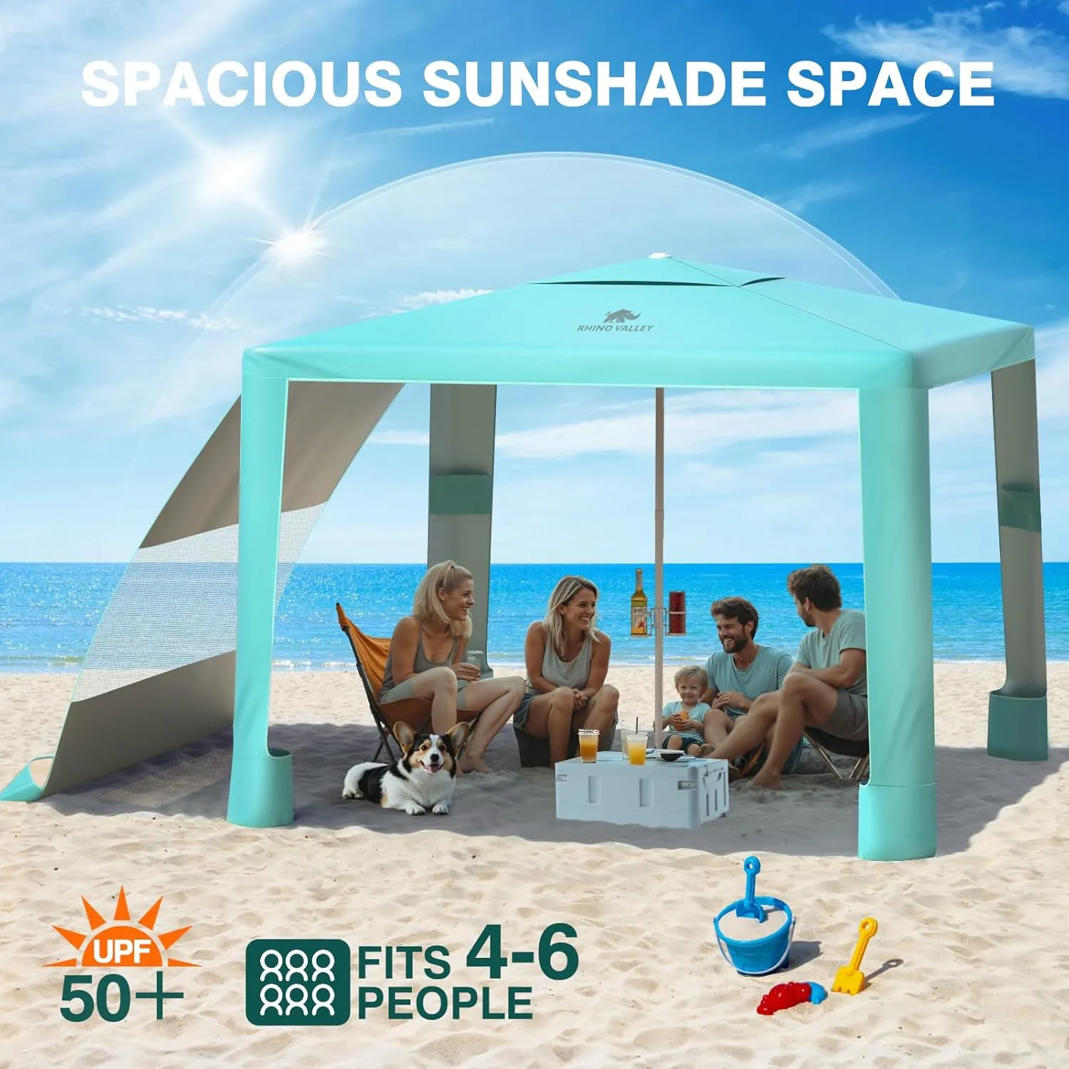 Rhino Valley Beach Cabana, 8 × 8FT Foldable Beach Tent with Cup Holder, Beach Canopy Easy Setup with UPF50  Protection, Windproof Stable Beach Tent, Portable Beach Cabana Tent for Beach Camping