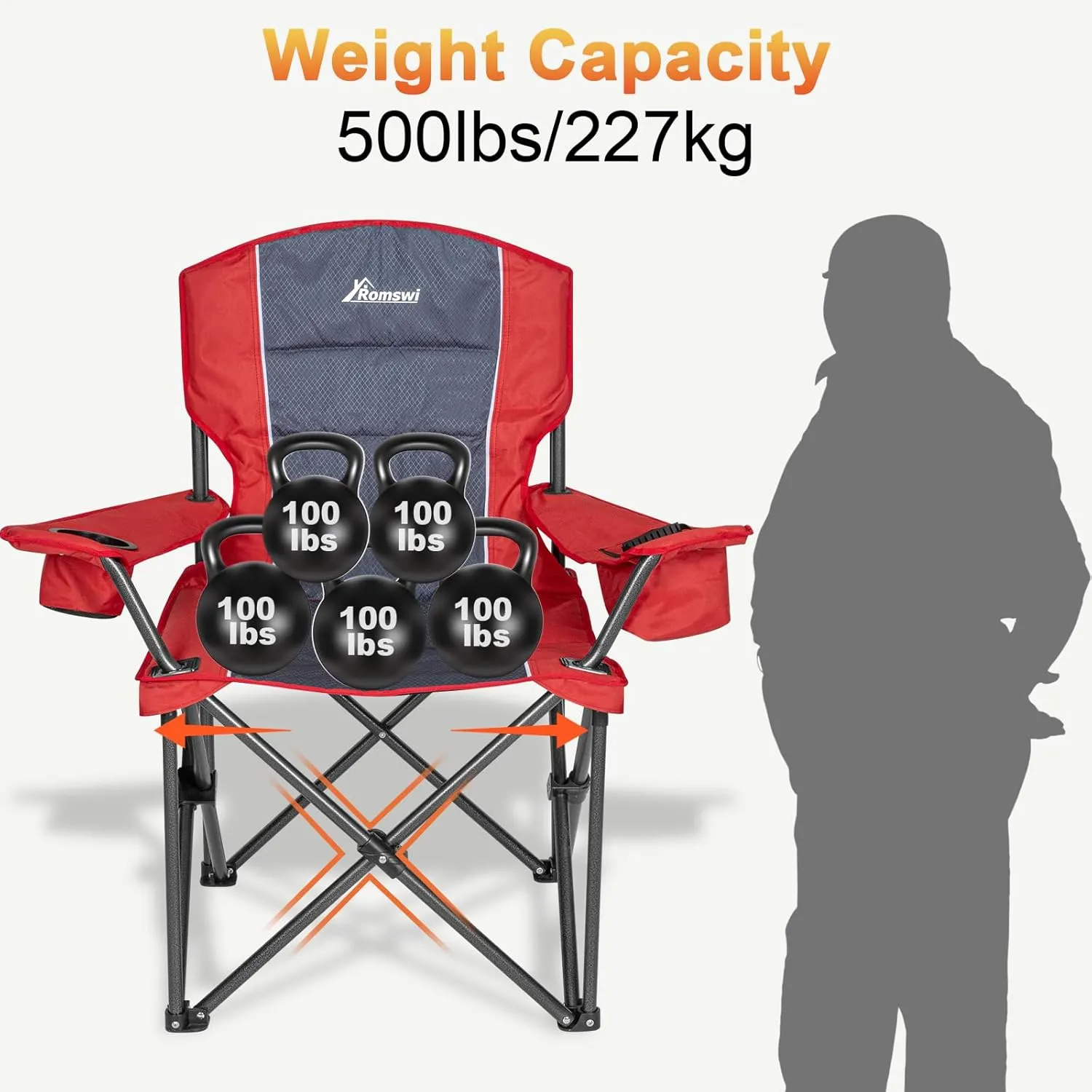 Romswi Oversized Camping Chairs,Heavy Duty Support 500 LBS,Padded Back & Arm Sport Chairs, Cup Holder Cooler Bag, Collapsible Folding Chairs for Outdoor, Fishing & Garden