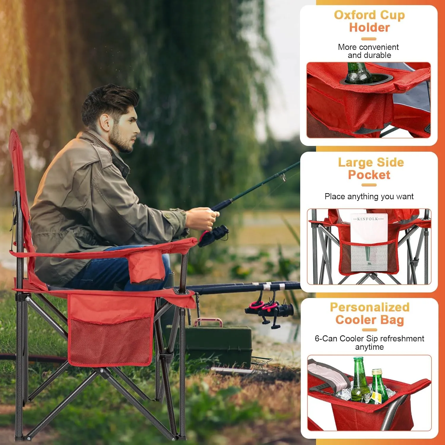 Romswi Oversized Camping Chairs,Heavy Duty Support 500 LBS,Padded Back & Arm Sport Chairs, Cup Holder Cooler Bag, Collapsible Folding Chairs for Outdoor, Fishing & Garden