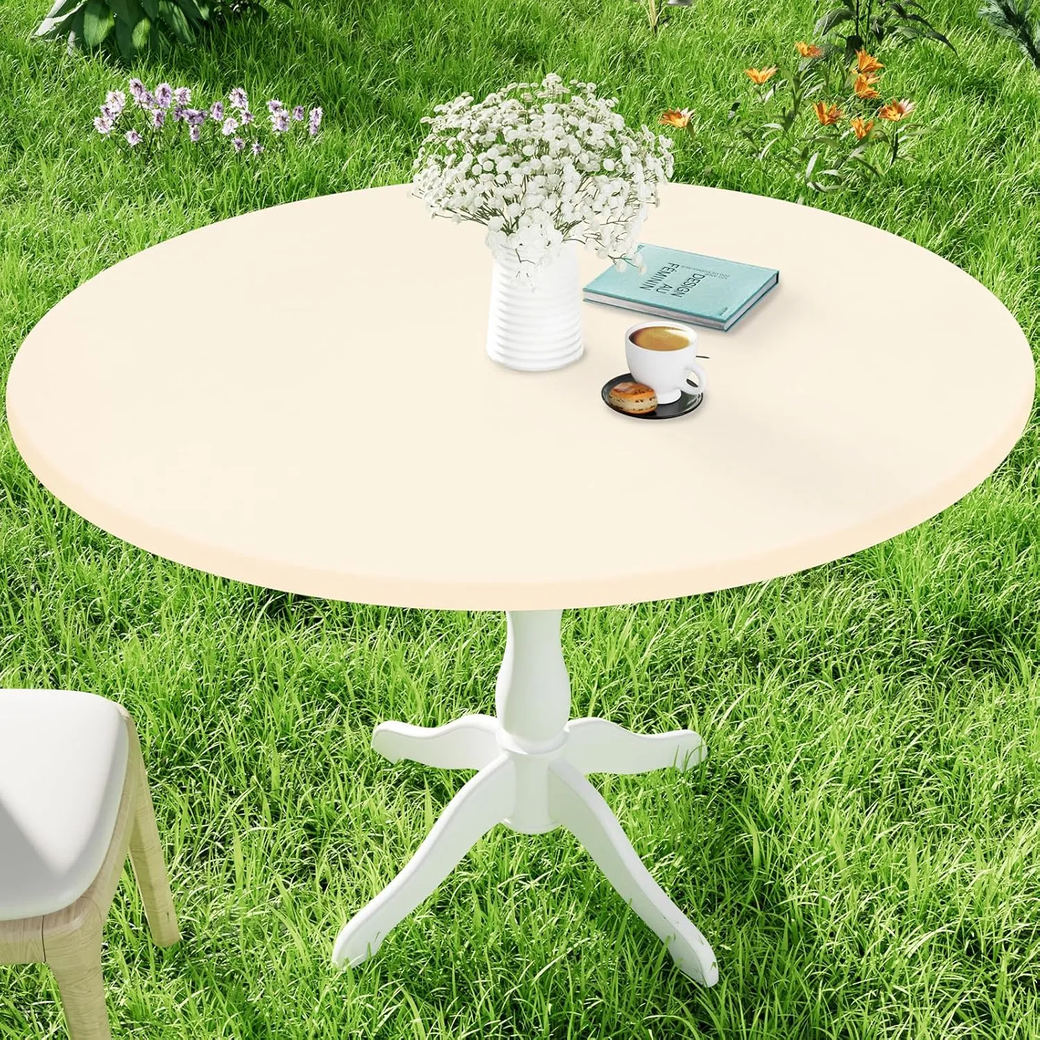 Round Spandex Table Cloth, Elastic Fitted Waterproof Tablecloths for 45"-56" Tables, Stretch Washable Picnic Table Cover for Camping, Dining, Indoor and Outdoor, Beige
