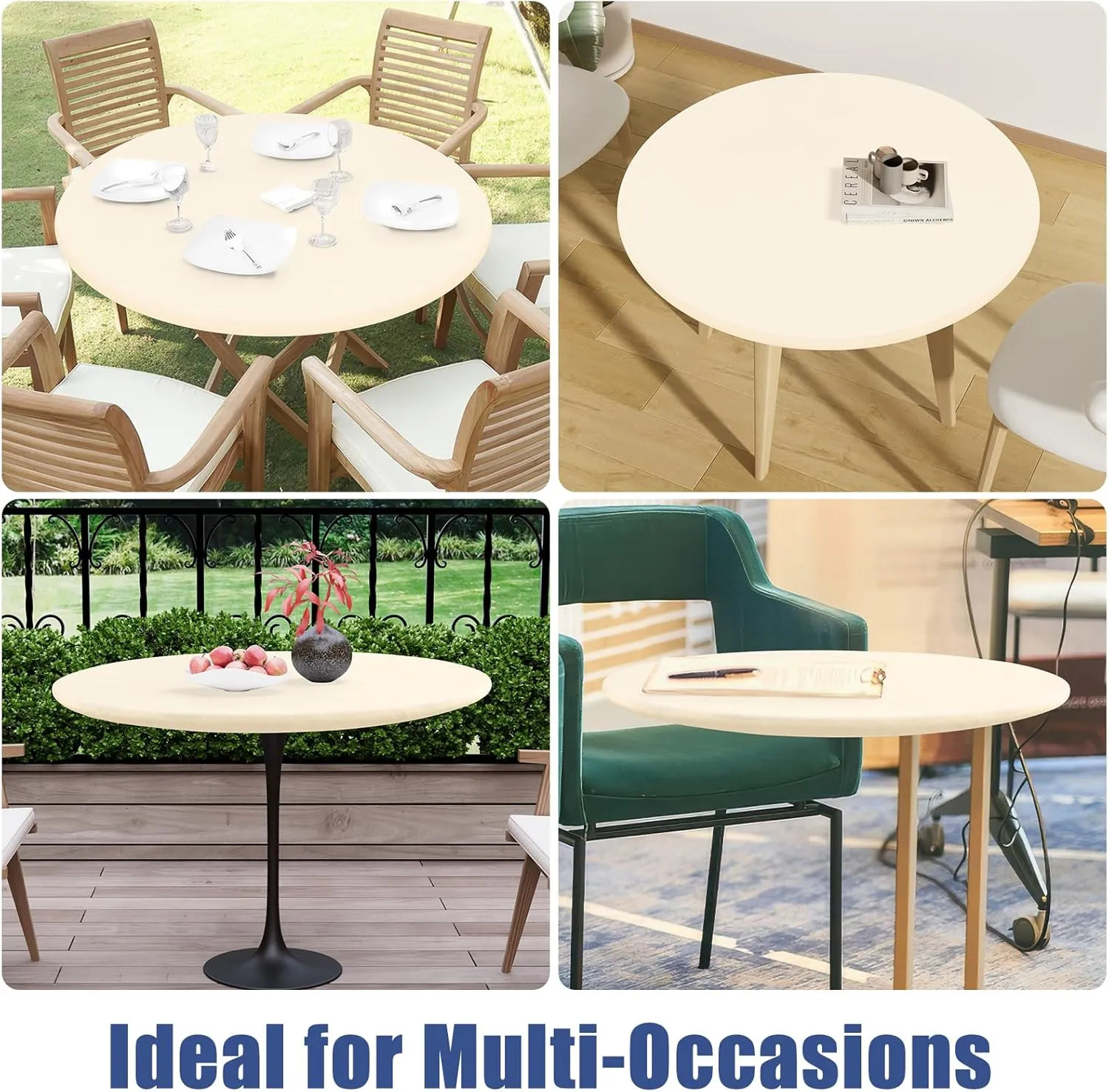 Round Spandex Table Cloth, Elastic Fitted Waterproof Tablecloths for 45"-56" Tables, Stretch Washable Picnic Table Cover for Camping, Dining, Indoor and Outdoor, Beige